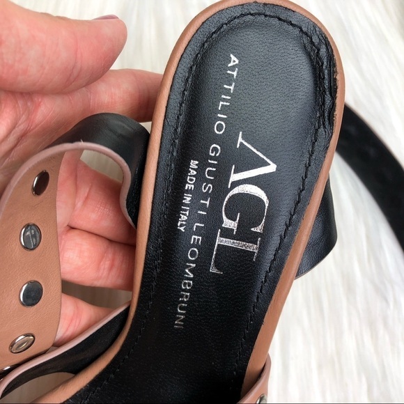 New AGL Tan Studded Ankle Wrap Leather Block Heels - Picture 7 of 14